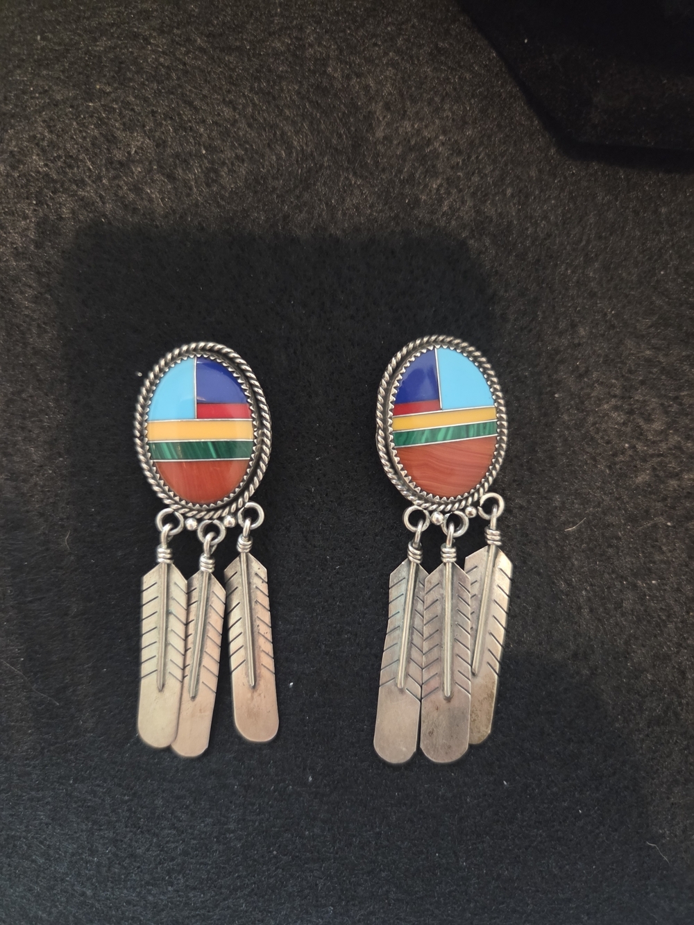 R Burnside Sterling silver Navajo Inlay Feather Drop Earrings - Multicolor